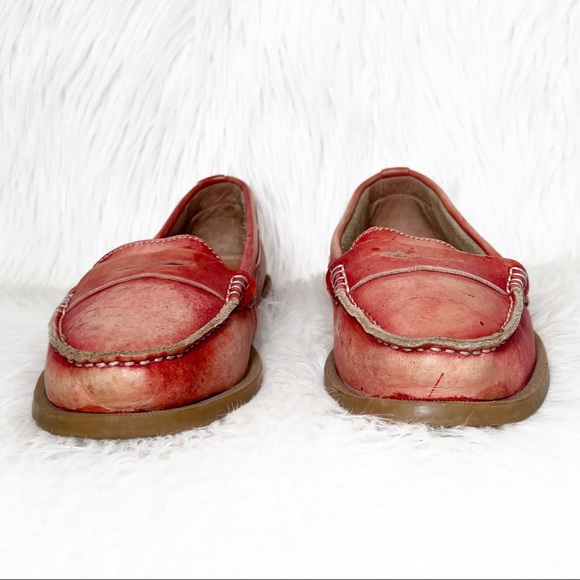 SOLD-Bed Stu Distressed Organic Dyed Ombre Red Boho Leather Slip On Loafers - Picture 8 of 12